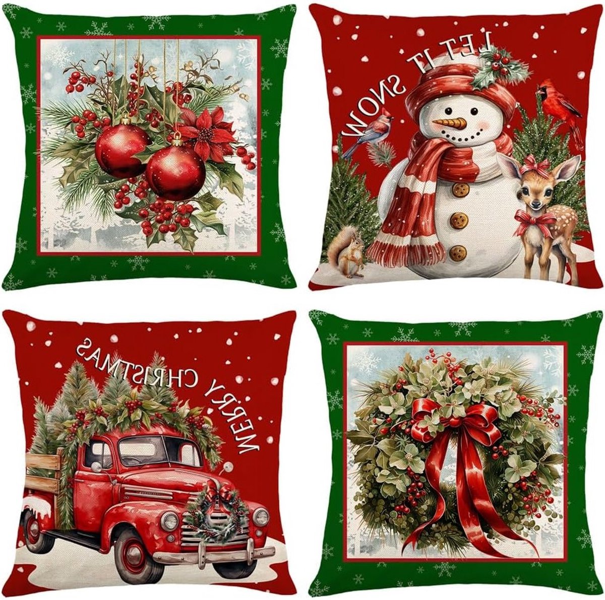 Set van 4 Kerst Kussenhoezen 40x40cm, Decoratieve Kussens voor Bank en Bed, Linnen Kussenhoezen voor Feestdagen