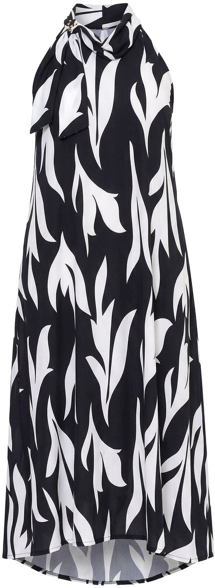 Ulla Popken - Dames - Maxi-jurk bladeren opstaande kraag siergesp mouwloos - Zwart - Maat 46+