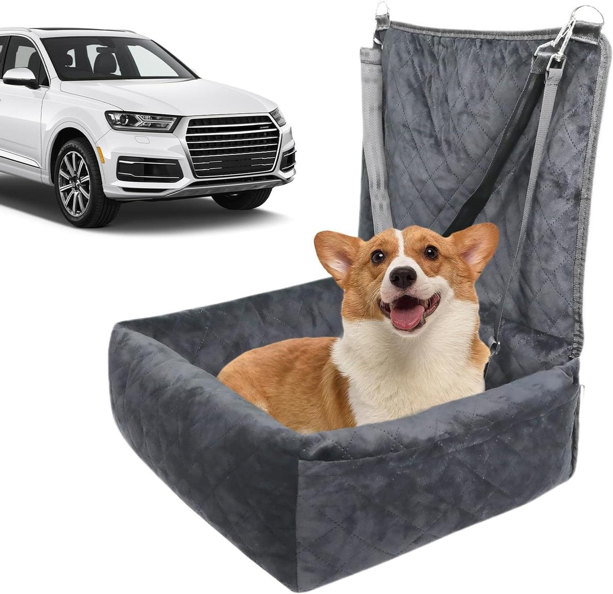 Honden Autostoel - Dieren zitje - Veilig Reizen - Met Opbergvakken - 61x51x51 cm - Grijs