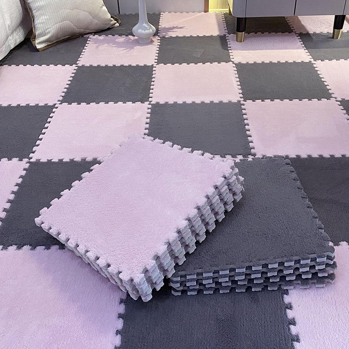 Vloertegels - Gekoppelde tegels - Comfortabele vloer - Zachte pluche - 16 stuks - Grijs en