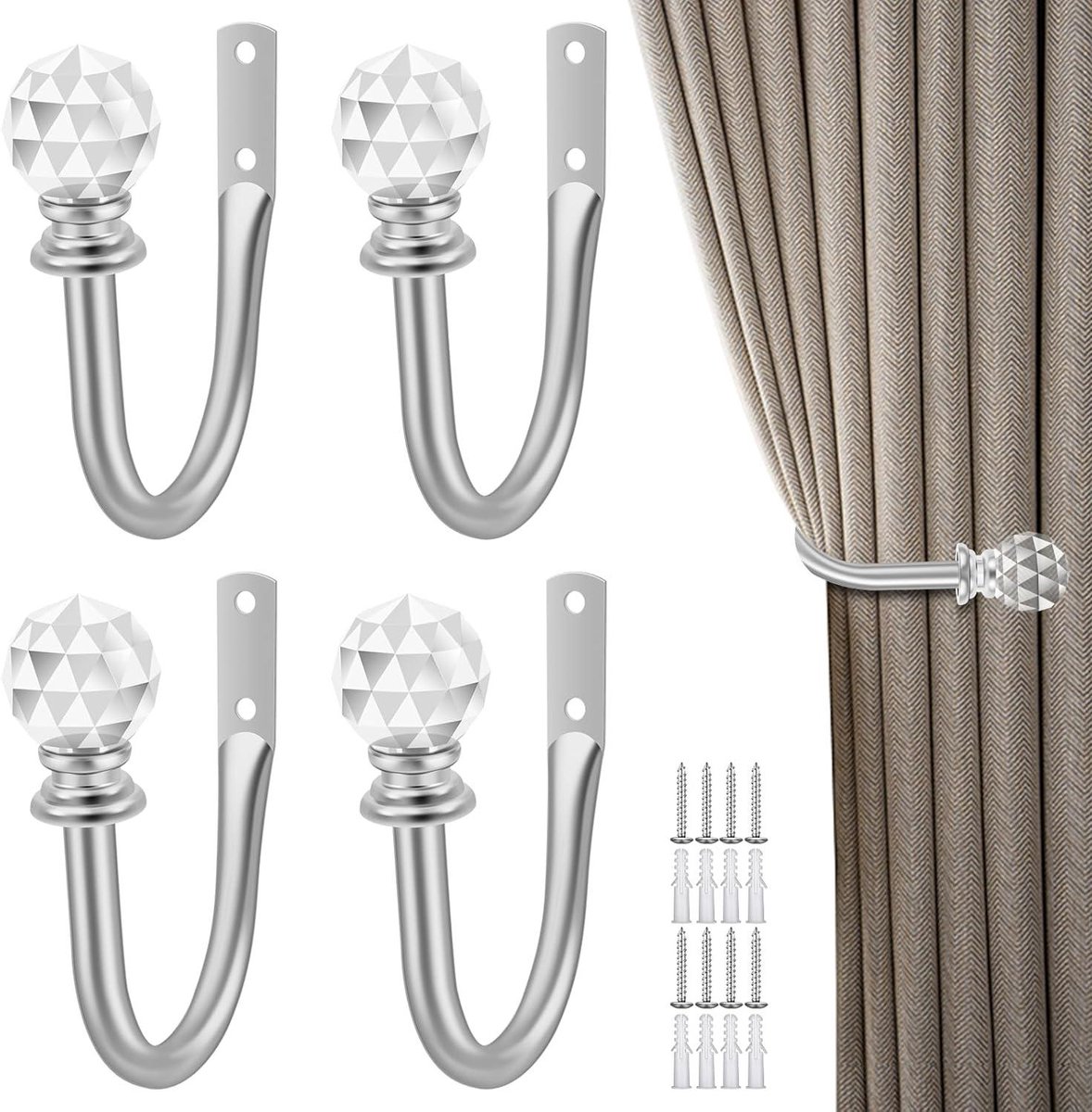 Houders Gordijnen - Decoratieve Muurhaken - Ruimte Organiseren - Kristallen Bal - 4 Stuks