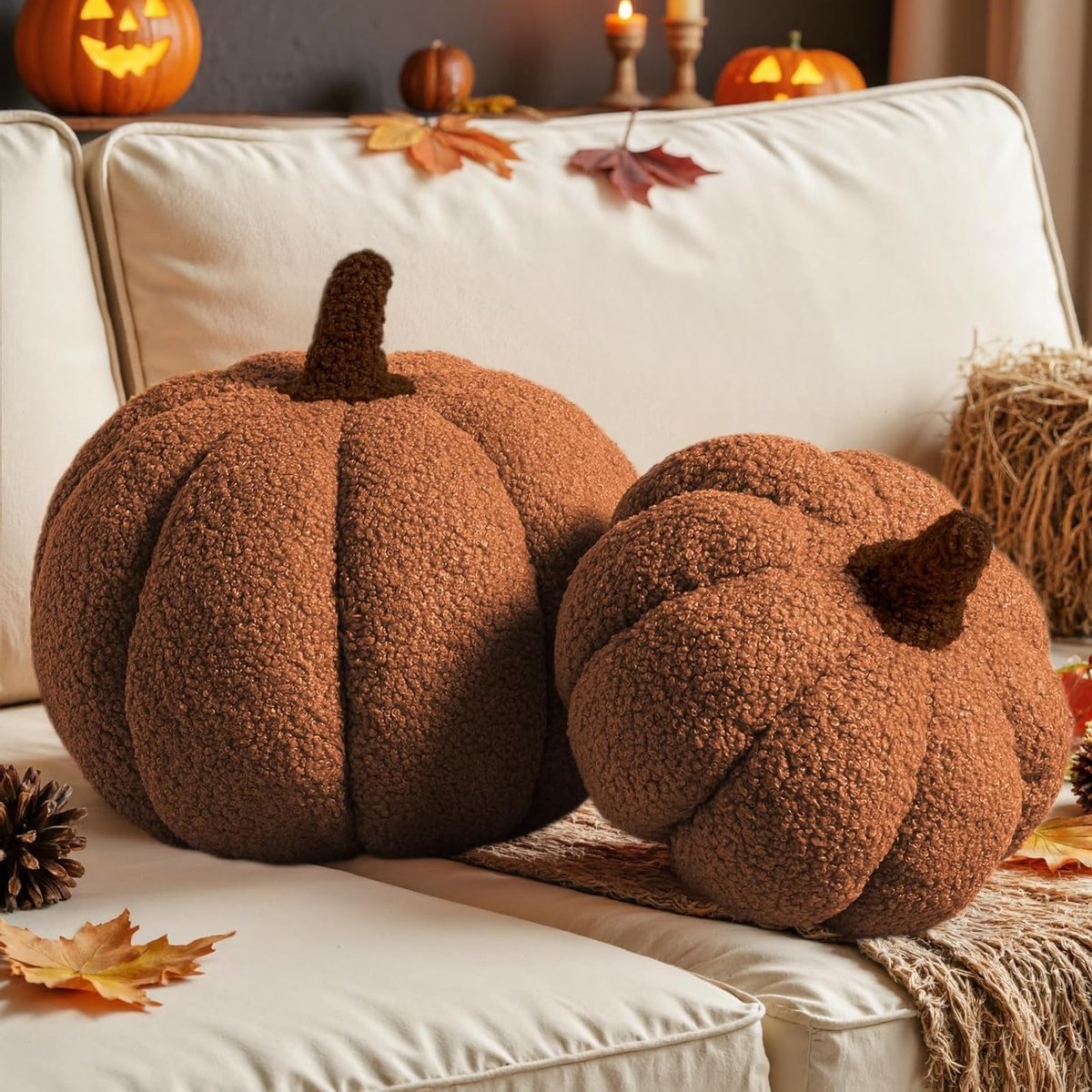 Herfstdecoratie: Set van 2 Pompoen Kussens, Zacht Fleece en Sherpa, 3D Vorm voor Sofa en Slaapkamer, Perfect voor Halloween en Thanksgiving (Bruin, 32x22cm & 23x18cm)