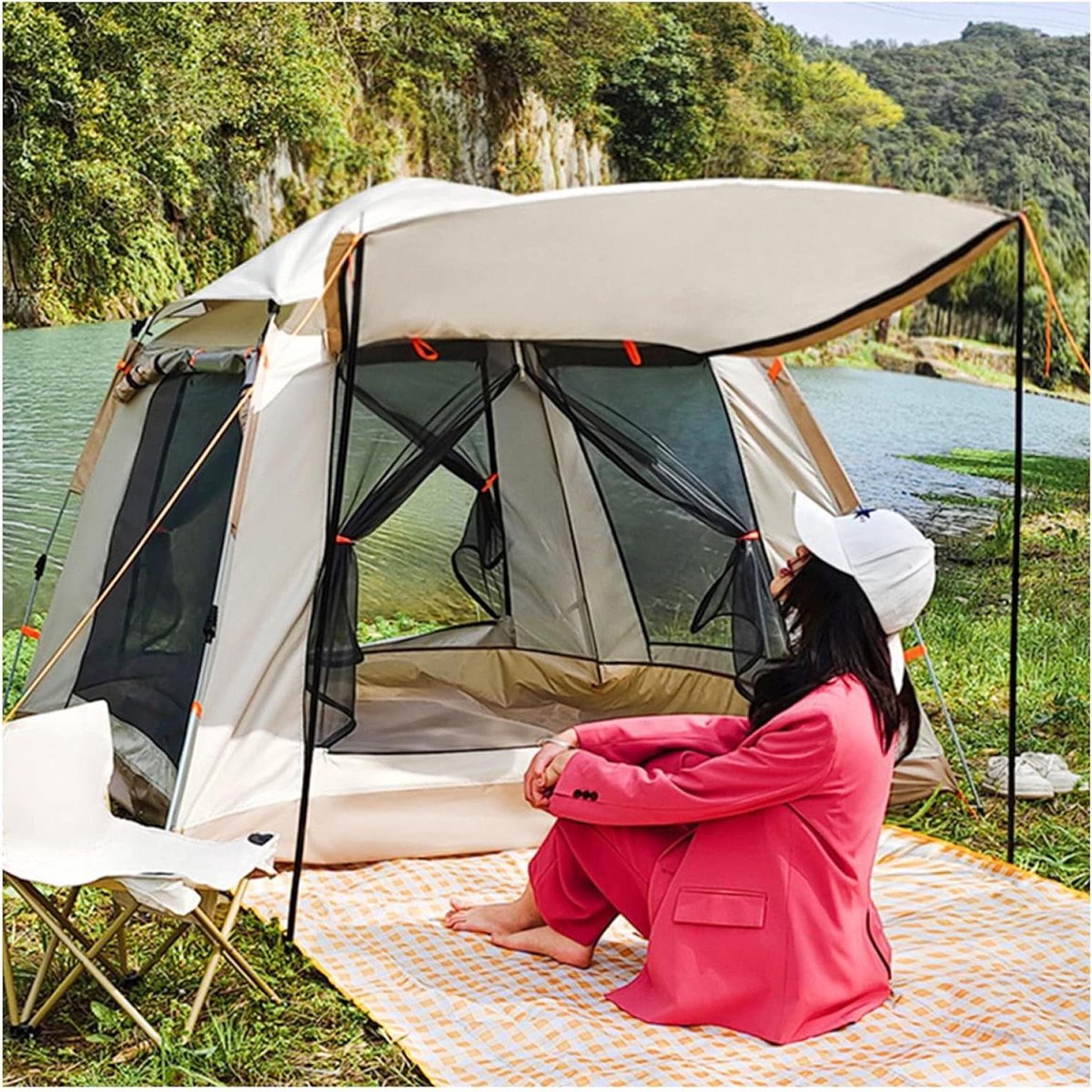 Kampeertent - Grote tent - Familie kamperen - Snelle opzet - 4 personen - Blauw