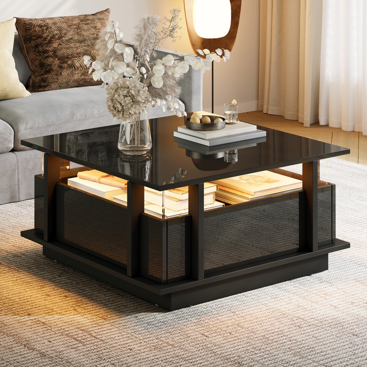 MODENUIT Salontafel - 2 Lades, LED En Hoogglans - Voor Woonkamer En Kleine Ruimtes - Zwart Spaanplaat - 70x70x35 Cm