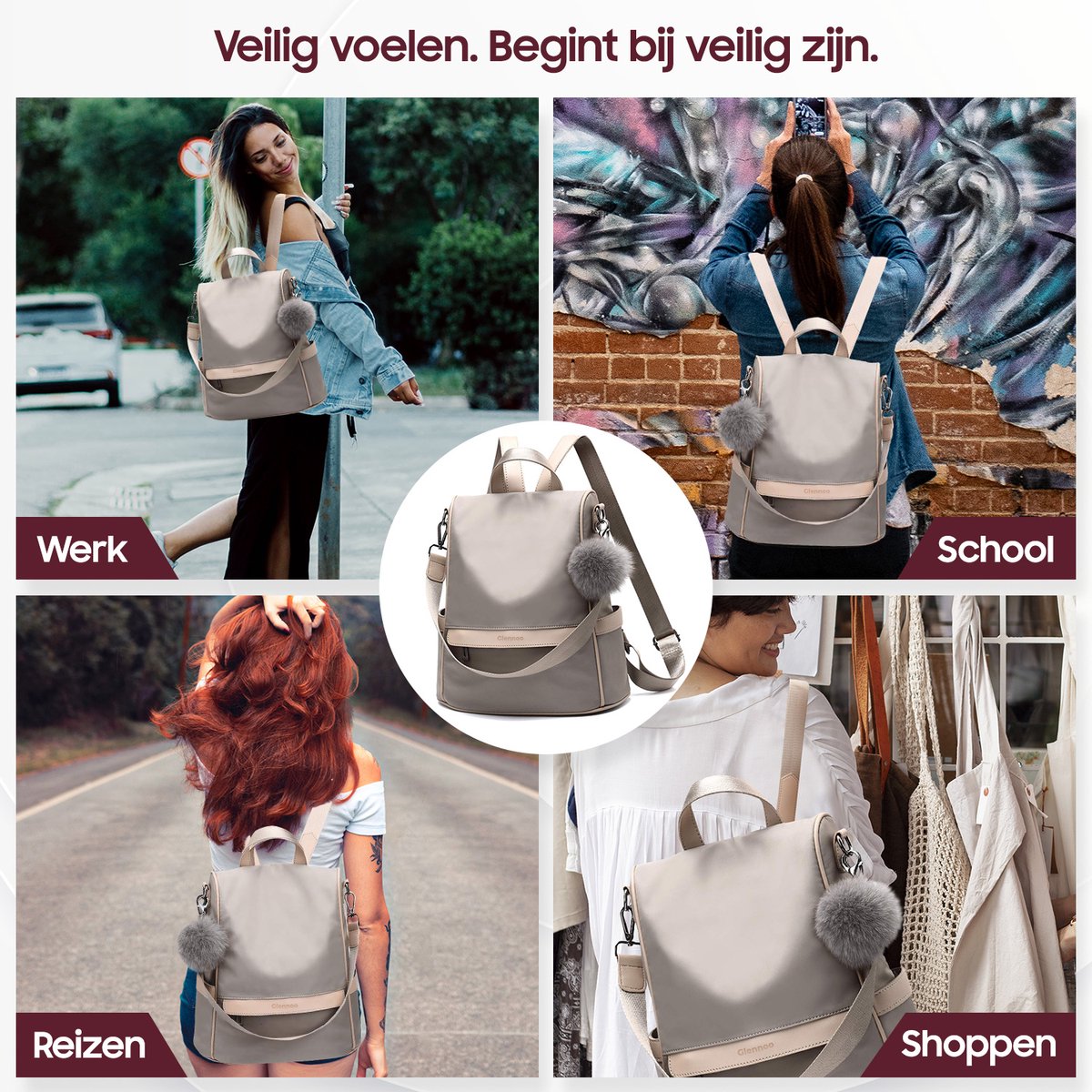 Glennoo Anti-diefstal rugzak - Rugtas dames - Waterdicht - Klein - Anti-theft backpack - Nylon - Beige – foto 3