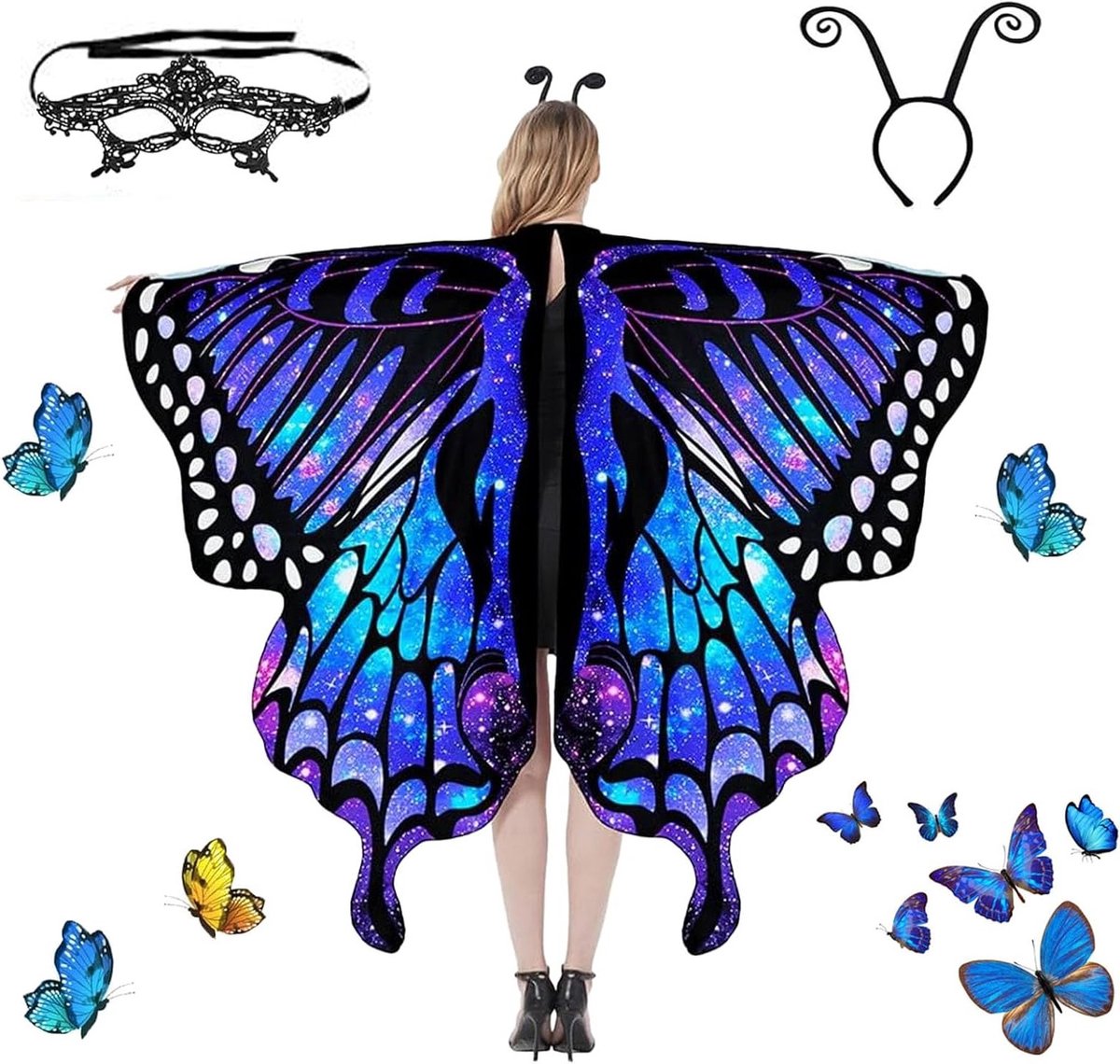 Vrouwelijk Vlinder Kostuum, 3-delige Set met Vleugels, Cape, Hoofdband en Gezichtsmasker voor Carnaval, Cosplay en Feestjes
