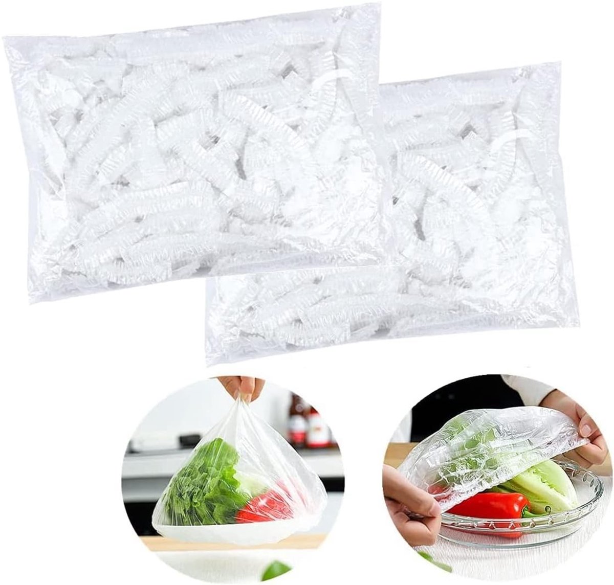Opslagzakken voor voedsel, plastic deksels voor verschillende gerechten, praktische en tijdbesparende oplossing voor koelkastopslag, 100 stuks