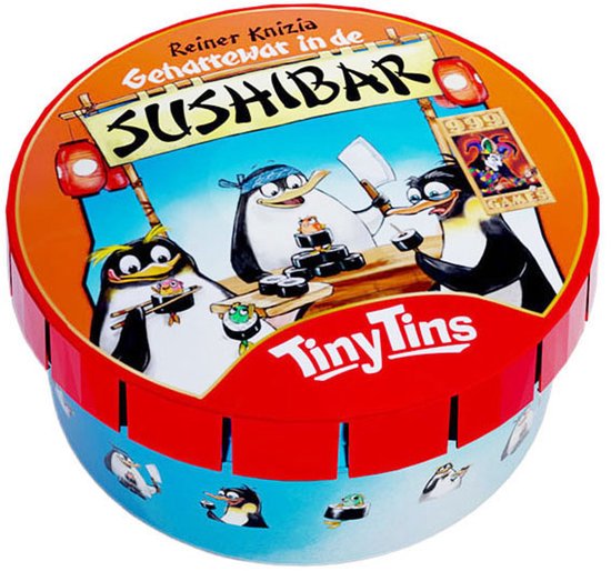 Blikken doos met pinguïns die sushi maken, 'Geharrewar in de Sushibar'.