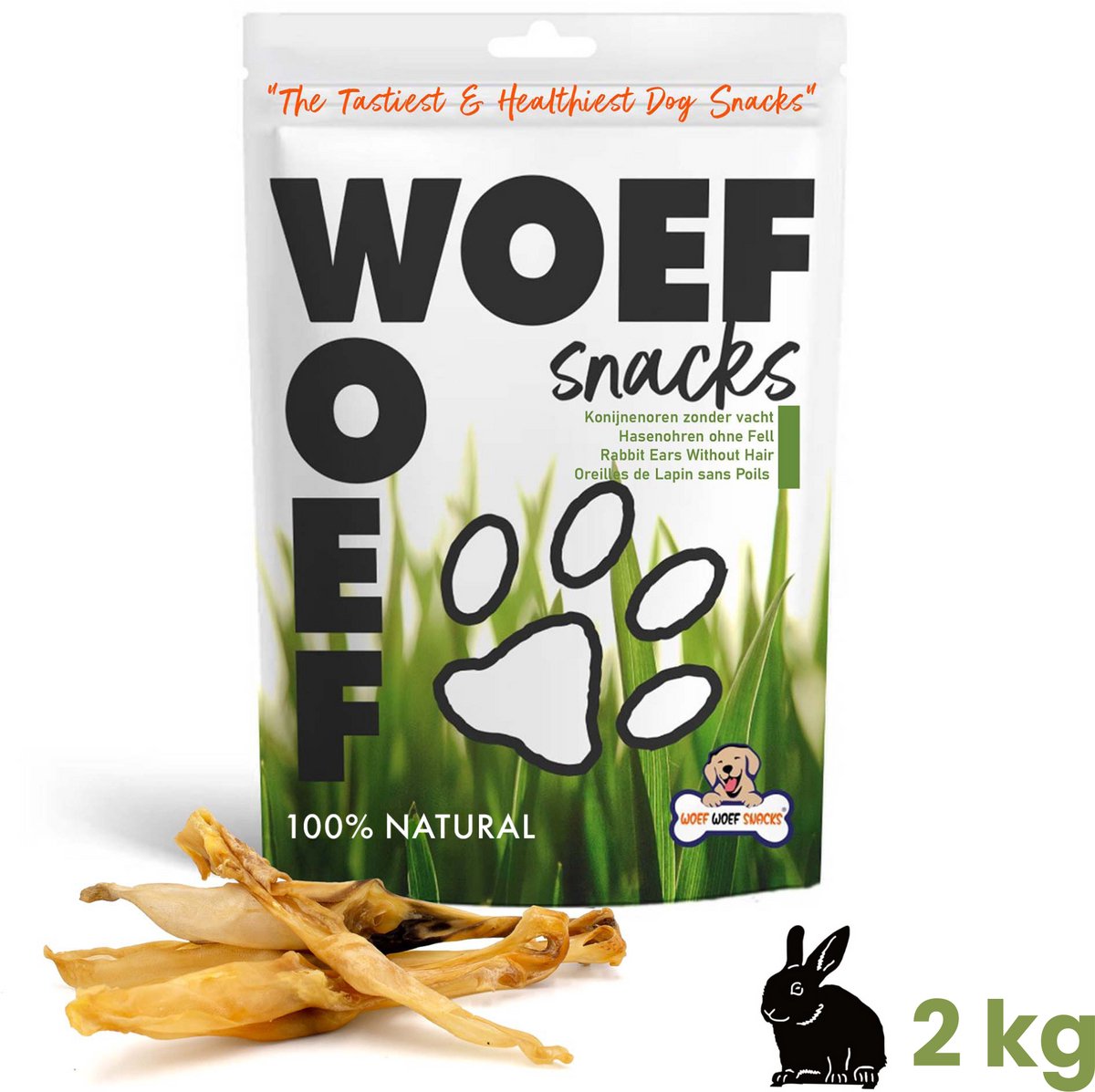 Woef Woef Snacks Hondensnacks Konijnenoren zonder haar - 2.00 KG - Kauwsnacks - Gedroogd vlees - Konijn - vanaf 3 maanden - Geen toevoegingen