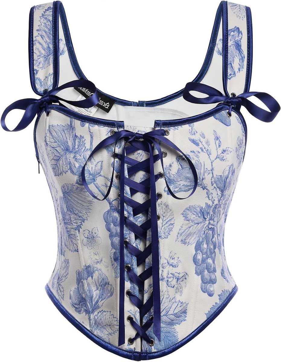 Renaissance Corset voor Vrouwen met U-Hals en Bloemenprint, Lace-Up Ontwerp voor een Elegante Look
