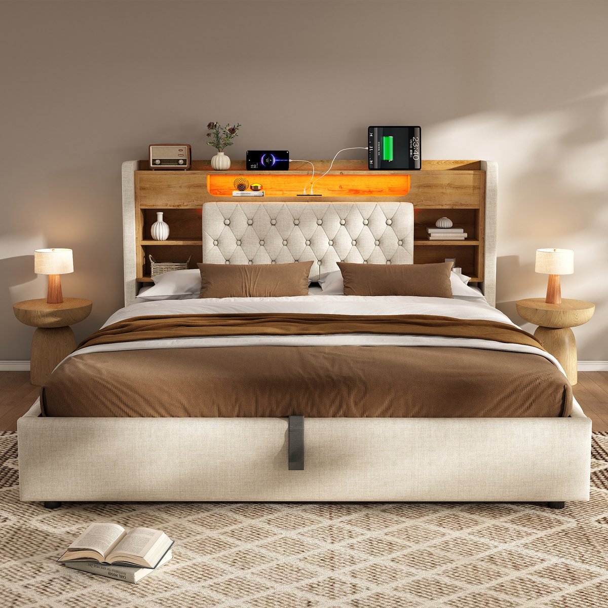 MODFU Gestoffeerd Bed Met Opbergruimte En LED - Hoofdbord Met Plank En USB-C - Retro - Linnen - Beige - 160 x 200 cm