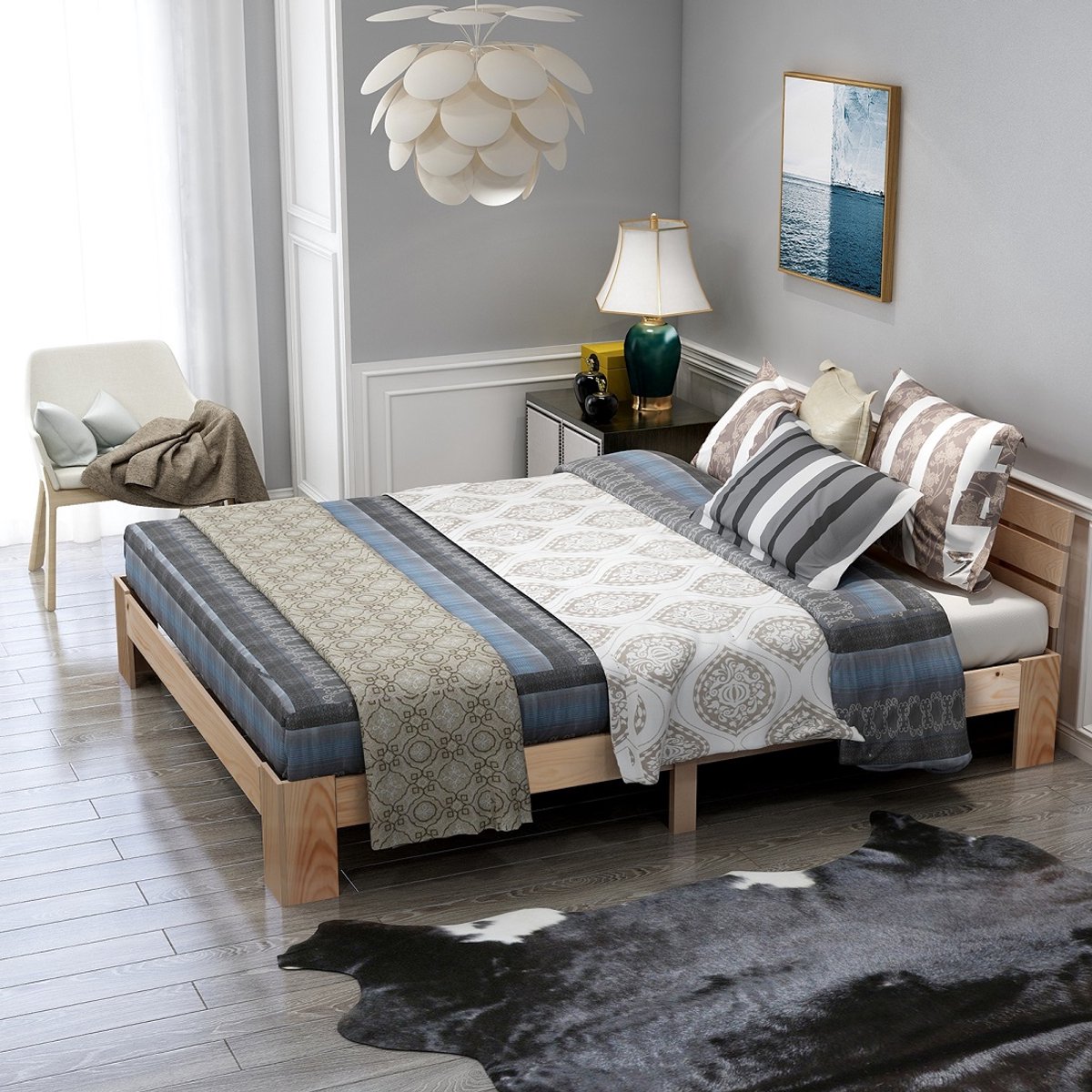 HAUSS SPOLE Houten Bed 140x200 cm - Tweepersoonsbed Zonder Matras - Met Lattenbodem En Opbergruimte - Grenen - Naturel