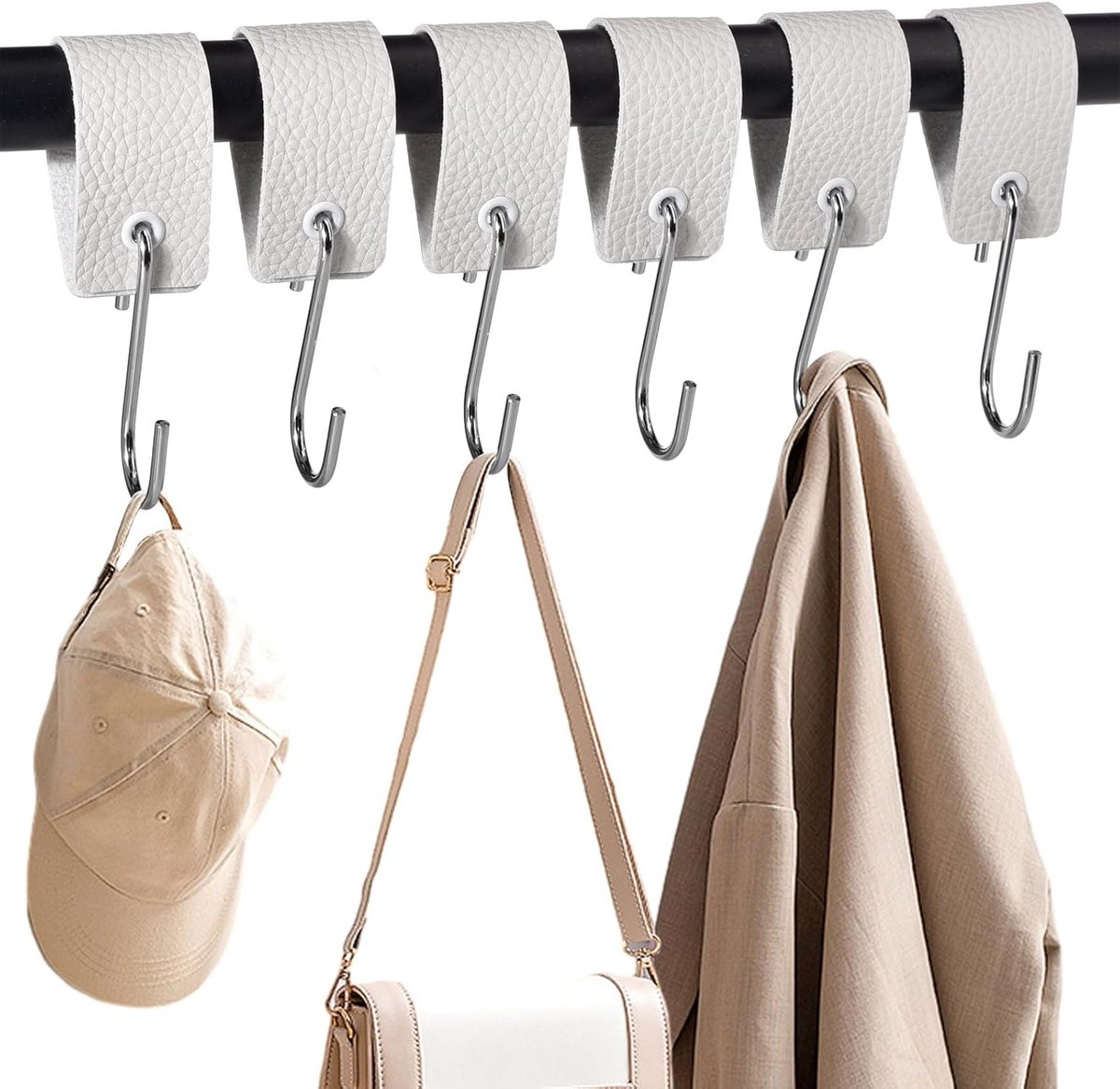 Haken met Leren Lus voor Kledingstang, Kast, Keuken en Badkamer - 6 Stuks voor Organisatie en Opslag