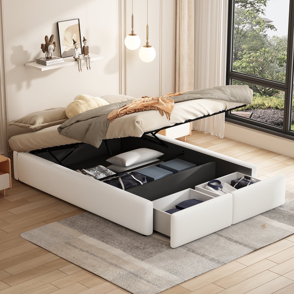HAUSS SPOLE Gestoffeerd Bed 140x200 cm - Zonder Hoofdbord Met Hydraulische Opbergruimte en 2 Laden - Zonder Matras - Wit