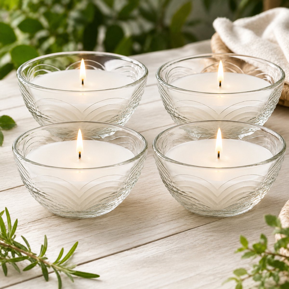 Citronellakaarsen Set van 4 – Glazen Kom 9 x 9 x 5 cm – 110 g Wax per Kaars – 3% Citronella – Brandduur 22-24 uur – Houdt Muggen op Afstand