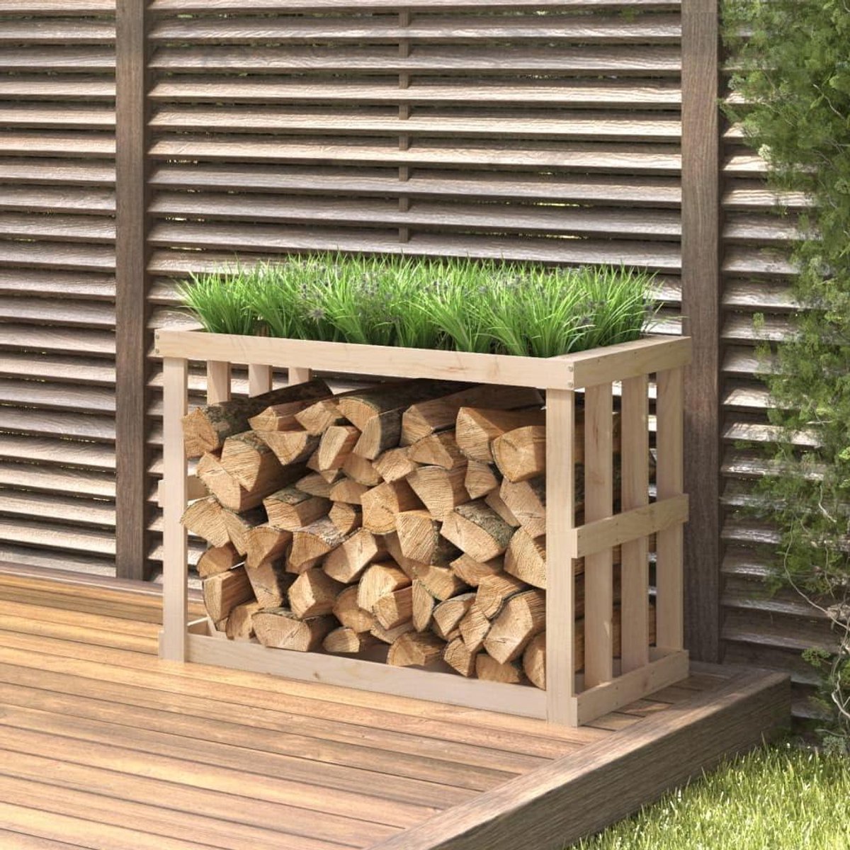 Houthouder Buiten - Houtopslag Rek - Brandhout Opslaan - Met Plantenbak - 108 x 52 x 74 cm - Natuurlijk Hout