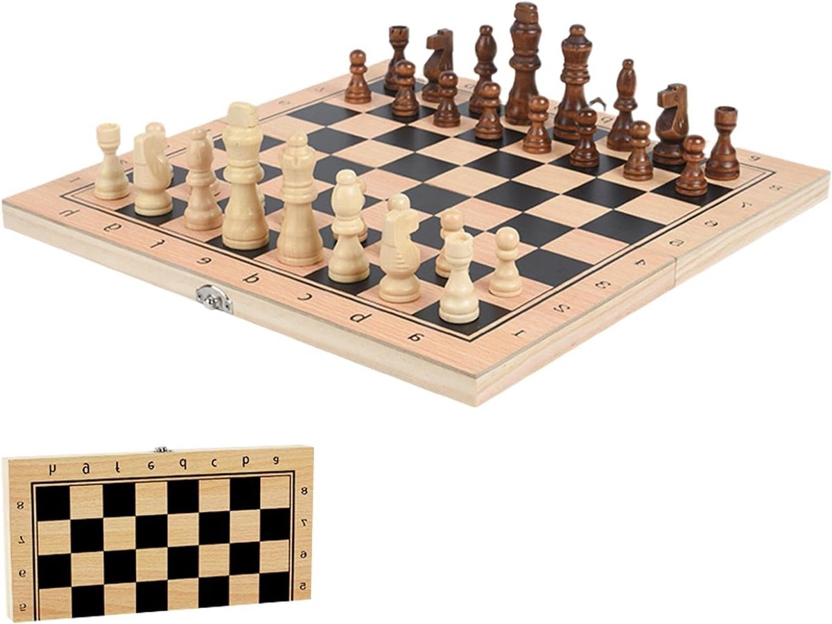 Schaakbord Set - Houten Schaken - Strategisch Spel - Opvouwbaar Ontwerp - 35 x 20 cm - Houtkleur
