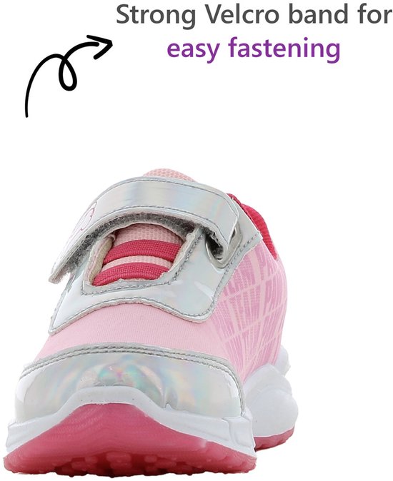 Voorkant van een roze sneaker met klittenbandsluiting, ontworpen voor gemakkelijk vastmaken.