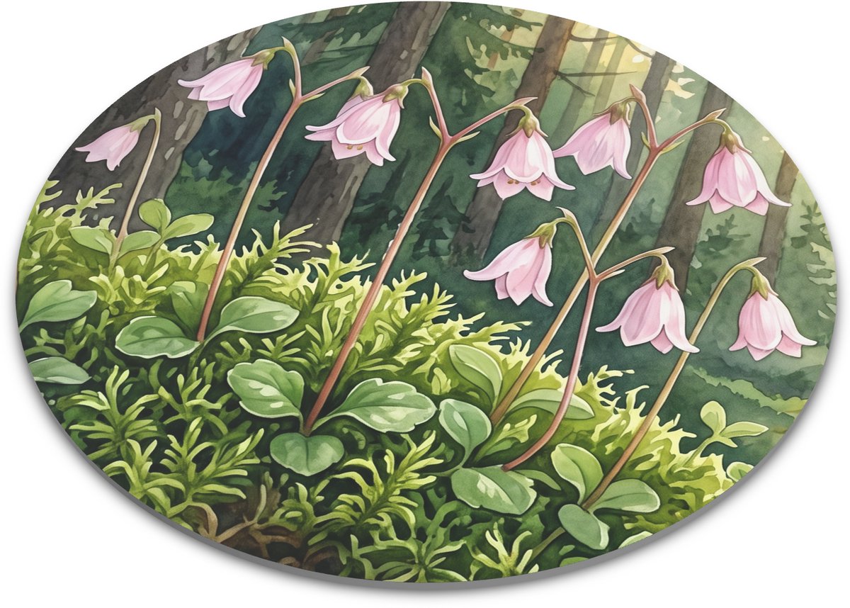 Ronde muismat met linnaeusklokje bosbloemen aquarel illustratie - Roze klokvormige bloemetjes in een sfeervol groen dennenbos voor op je bureau - Aquarel Series - 22x22 cm