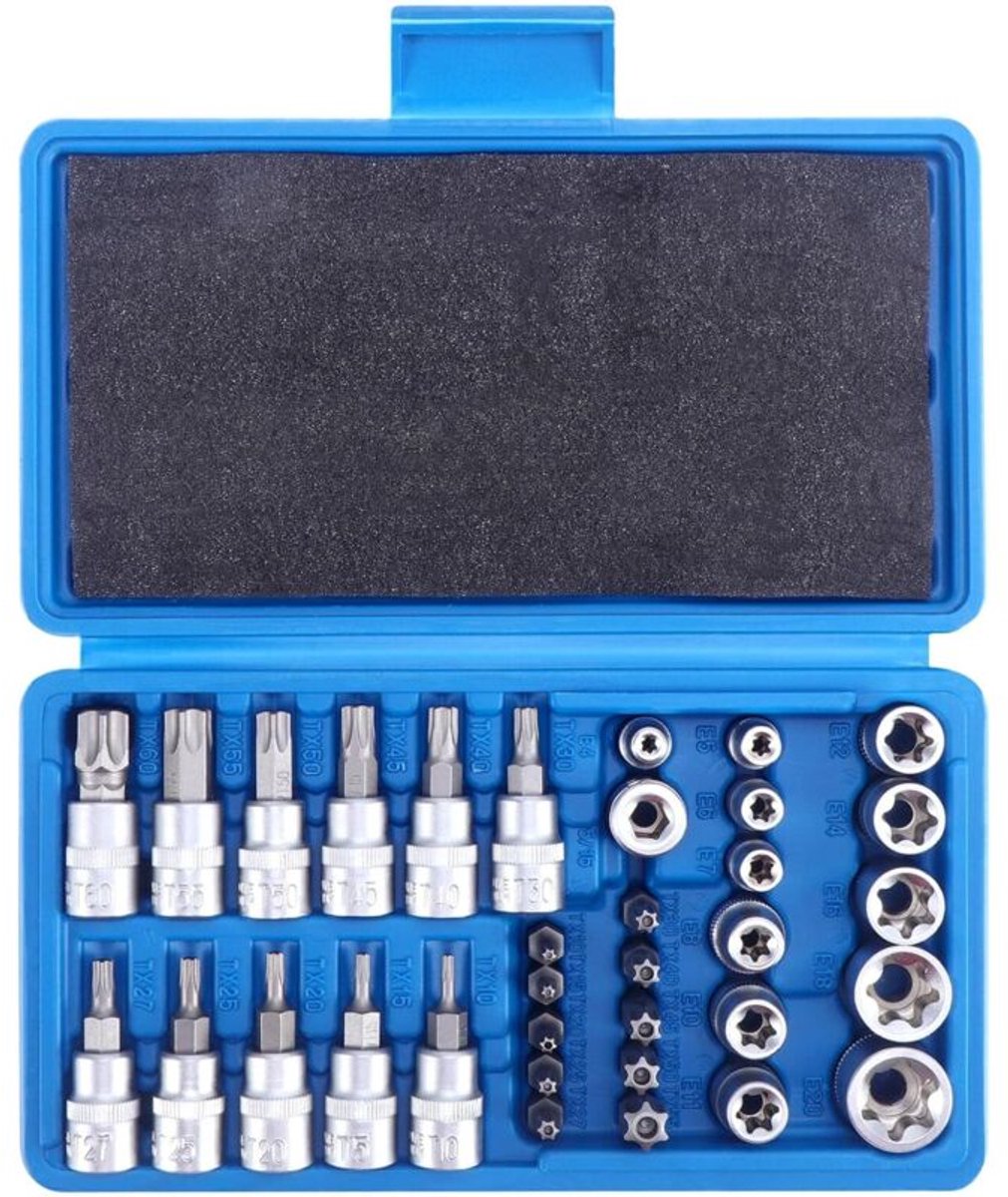 34-delige doppenset, bits T10-T55, doppen, doppensets T10-T60, doppensets E4-E20, inbus- en buitenschroefbits, doppensets