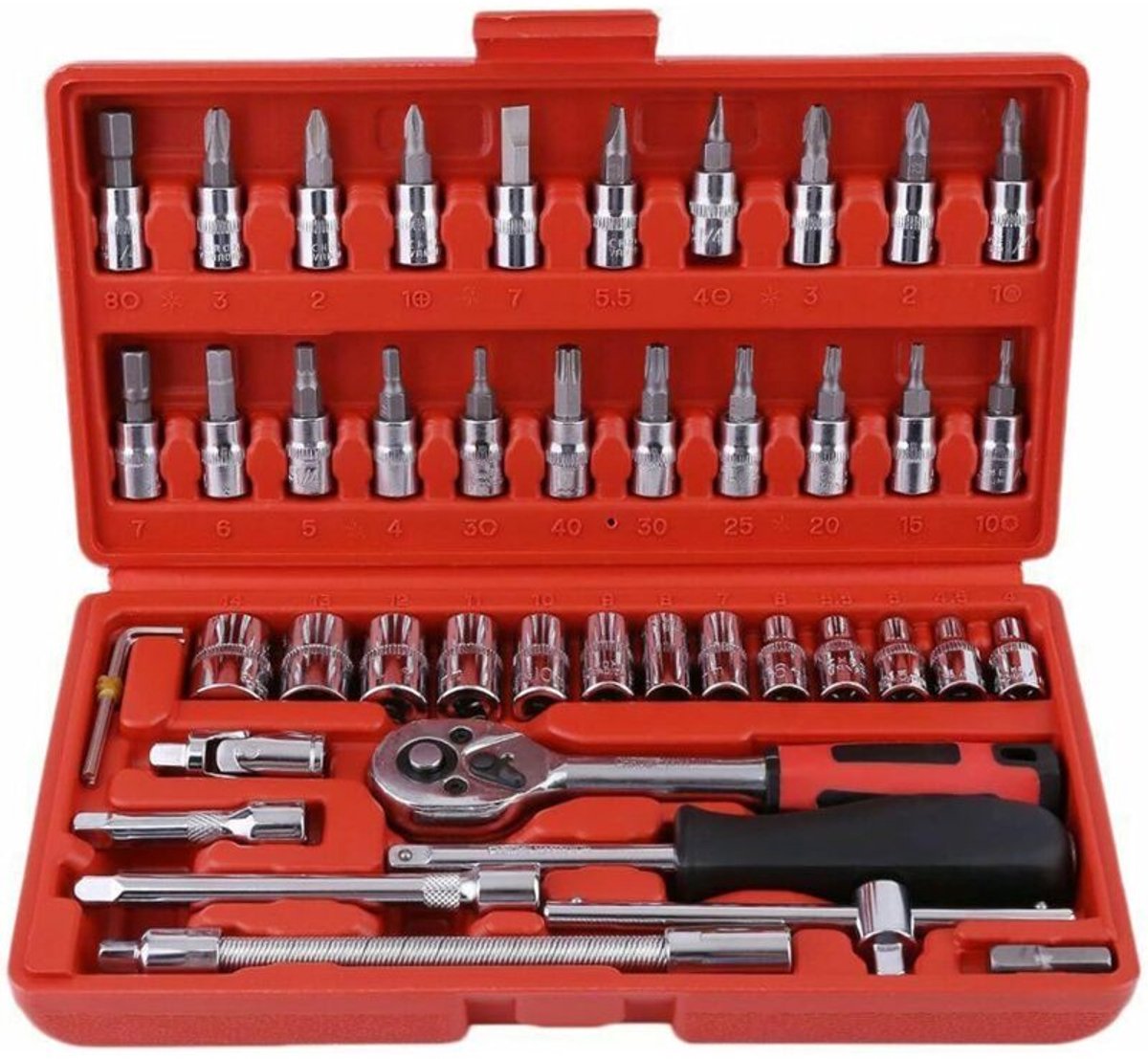 Dopsleutelset, 46-delig, 1/4 inch ratelsleutels, met gereedschapskist, dopsleutels van hoogwaardig staal (4-14 mm), schroevendraaierbits, verlengstuk