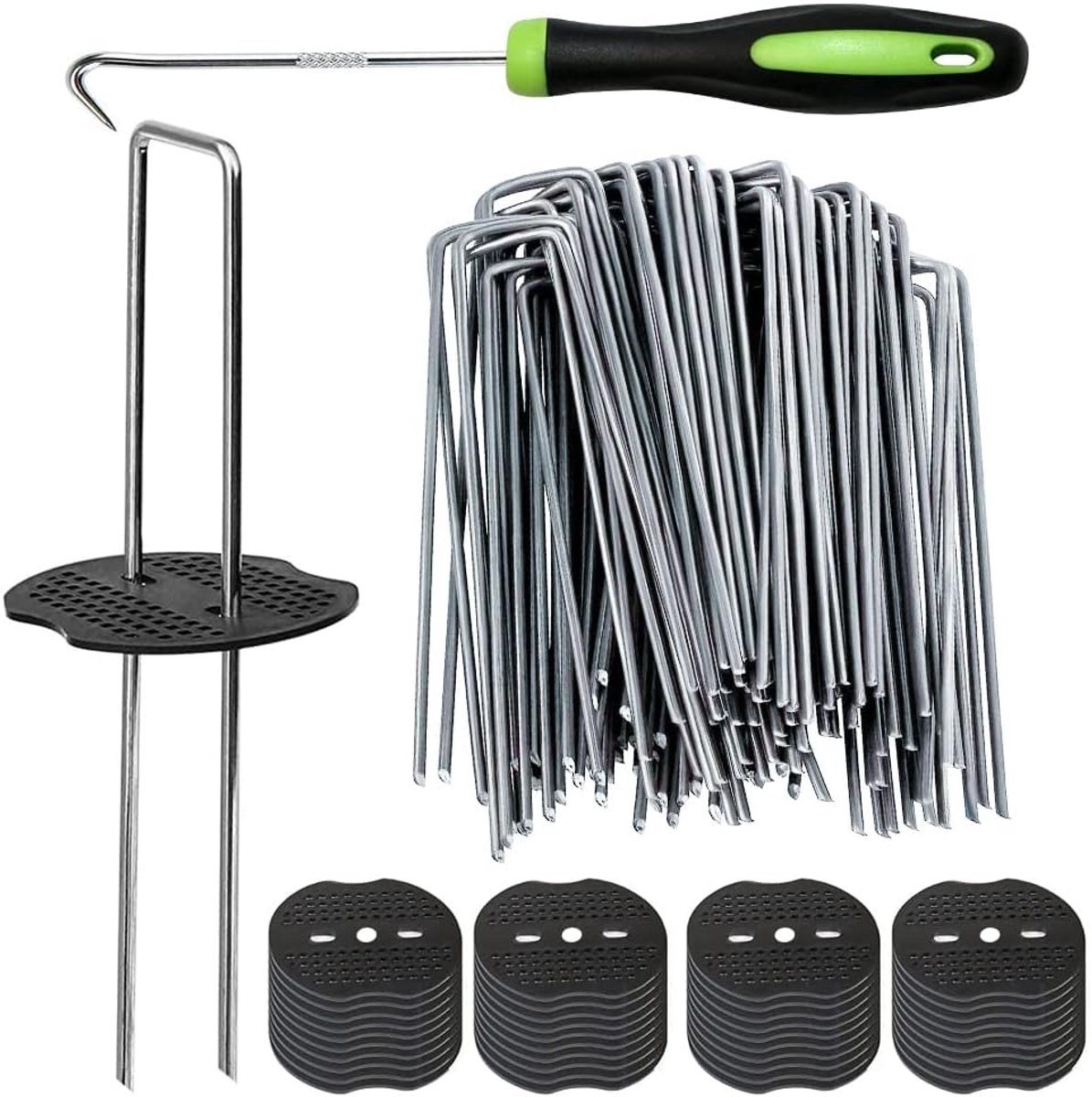 "Grondpennen - Worteldoek pennen - 50 tuinnagels + 50 ringen + haaknagel- 15 x 4 cm - U-vormige gegalvaniseerde gazonnagels - zware grondpinnen voor gazon - en grasdecoratie "