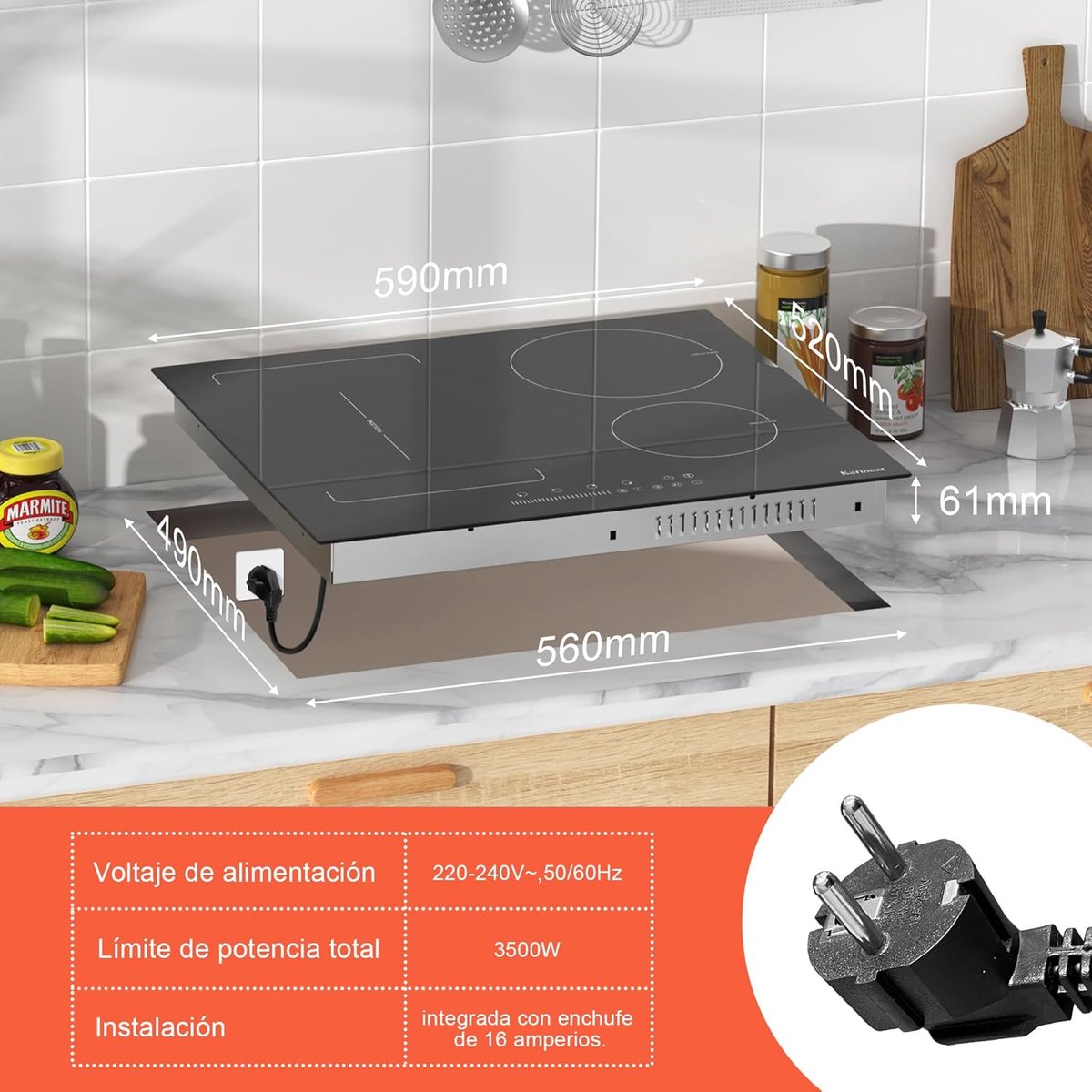 Inductiekookplaat Flexzone - 4 Platen Kookplaat - Snel Koken - Met Stekker - 59 cm Breed - Zwart
