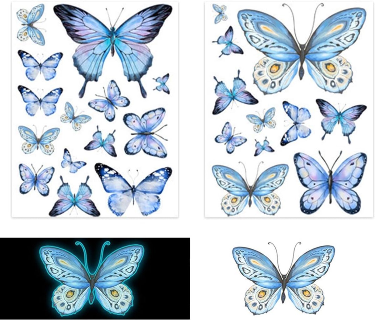 Glinsterende blauwe vlinder muursticker set, fluorescerende wanddecoratie voor slaapkamer, woonkamer en meisjeskamer