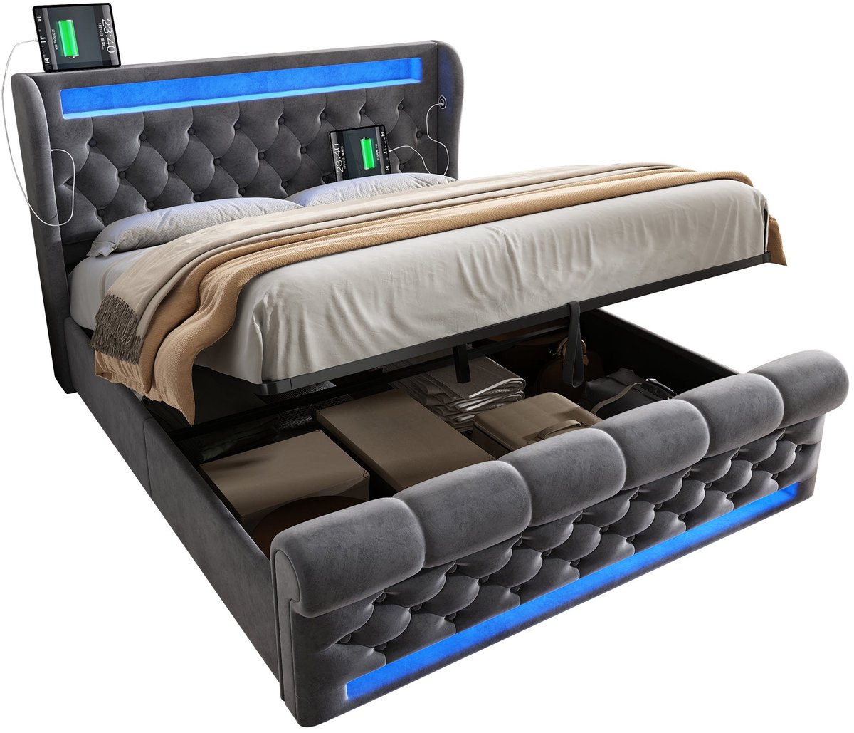 Merax Gestoffeerd Bed 140x190 - Bed met Opbergruimte - Fluweel - LED Verlichting met Afstandsbediening - USB en Type C - Hydraulisch Bed - Grijs