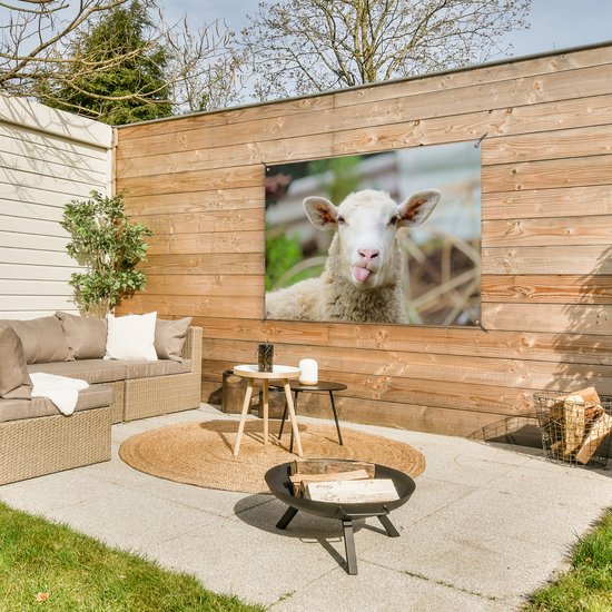 Une affiche de jardin représentant un mouton tirant la langue, accrochée à une clôture en bois dans un jardin aménagé.