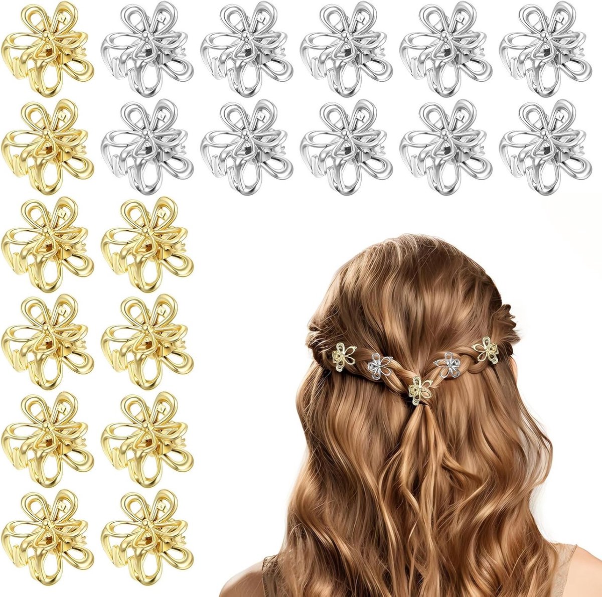 20 Stuks Mini Haarspelden, Kleine Metalen Haarclips in Goud en Zilver, Bloem Motieven, Haaraccessoires voor Vrouwen, Schattige Haarspelden voor Bruiloft en Feestjes