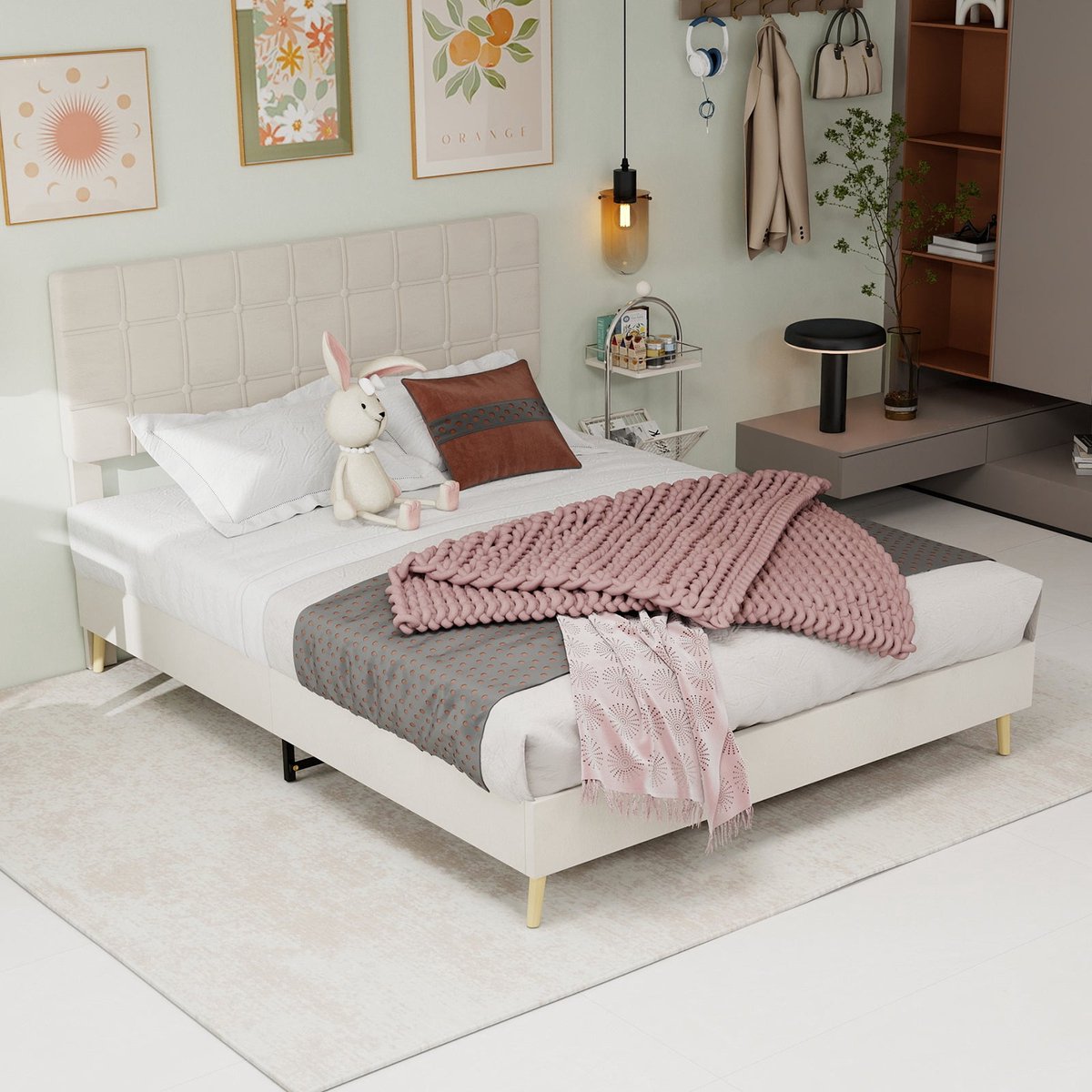 Merax Gestoffeerd Bed 160x200 - Fluweel - Tweepersoonsbed - Beige - Houten Lattenbodem