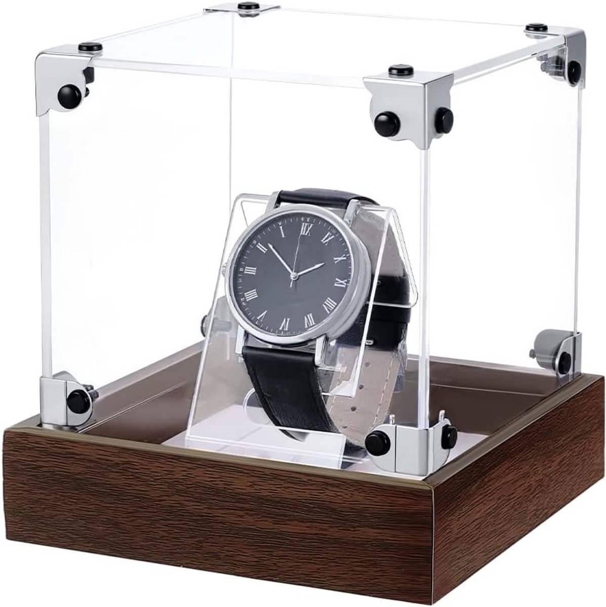 Elegante horlogedoos met houten sokkel en acryl deksel, perfect voor horloges en armbanden, 11,8 x 11,8 x 13,1 cm, ideaal voor heren en dames, sieradendisplay