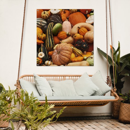 Tuinposter 100x100 cm - Tuindecoratie Pompoen - Herfst - Oranje - Poster voor in de tuin - Buiten decoratie - Schutting tuinschilderij - Tuindoek muurdecoratie - Wanddecoratie balkondoek