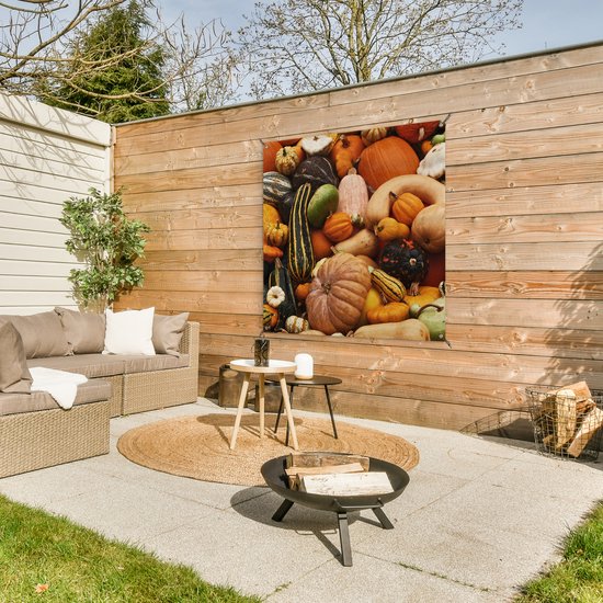 Tuinposter 100x100 cm - Tuindecoratie Pompoen - Herfst - Oranje - Poster voor in de tuin - Buiten decoratie - Schutting tuinschilderij - Tuindoek muurdecoratie - Wanddecoratie balkondoek