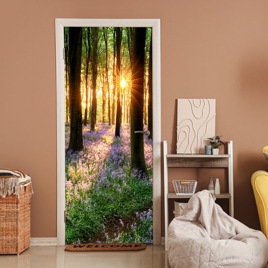 Sticker pour porte Forêt - Fleurs - Lavande - Soleil - Violet - Nature - 80x205 cm - Affiche de porte