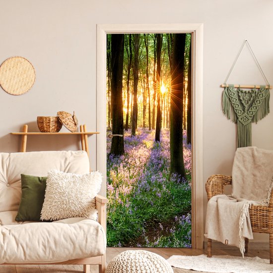 Sticker pour porte Forêt - Fleurs - Lavande - Soleil - Violet - Nature - 80x205 cm - Affiche de porte