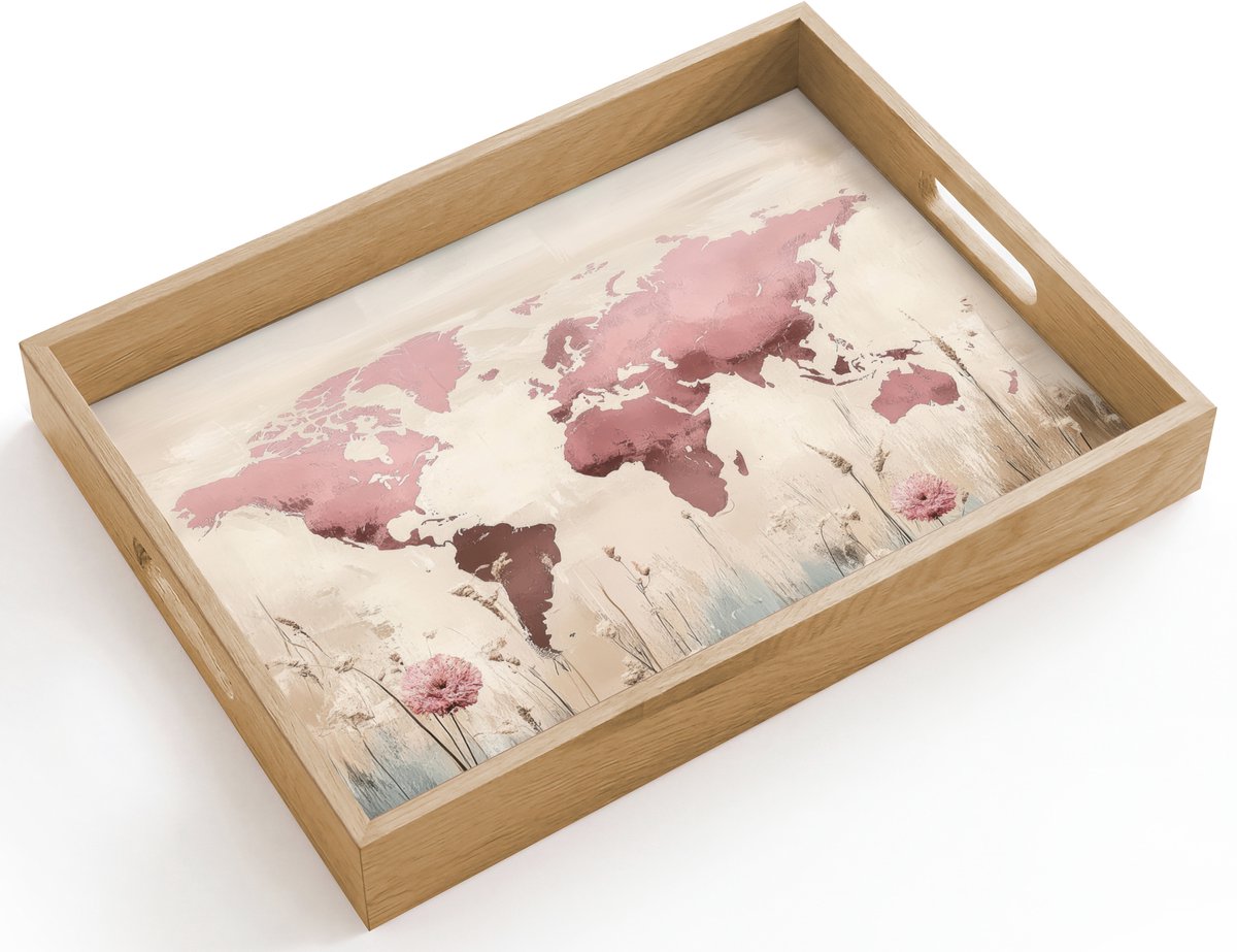 Dienblad hout 40x30 cm - Schootdienblad - Wereldkaart - Roze - Bloemen - Borrelplank rechthoek - Plateau dienbladen