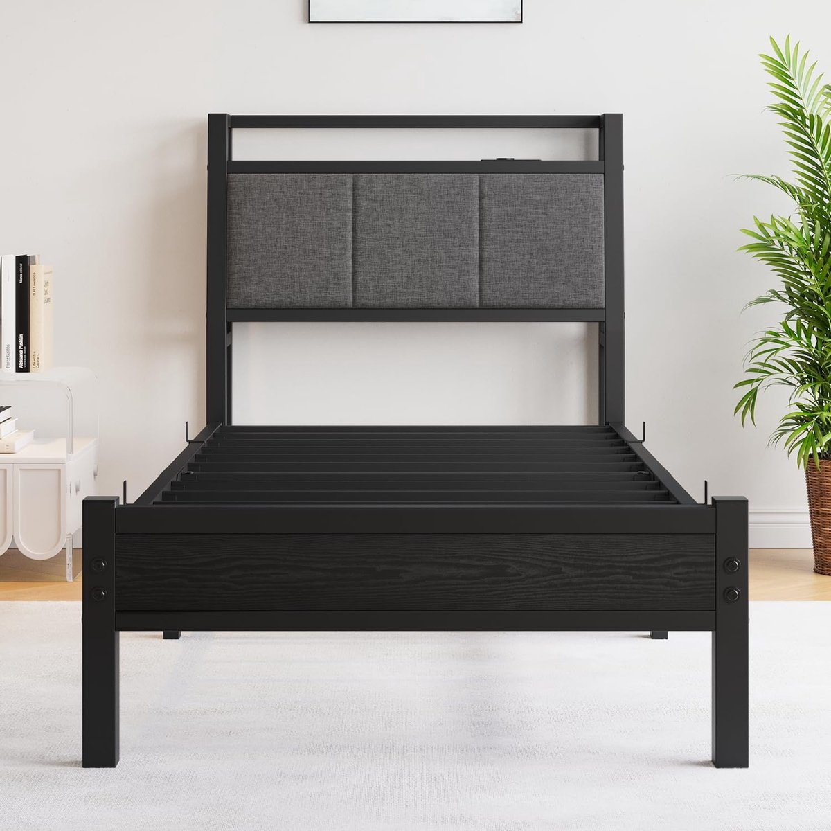 Metalen bedframe 90x200 cm met USB-oplaadstation, opbergruimte onder bed, stevig stalen eenpersoonsbed met houten hoofdeinde en lattenbodem, modern logeerbed en tienerbed zwart en donkergrijs –