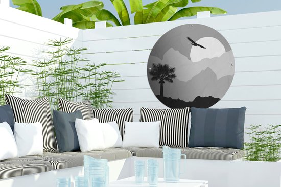 Garden Circle Soleil - Palmier - Vogel - Zwart - Wit - 60x60 cm - Affiche de jardin ronde - Extérieur