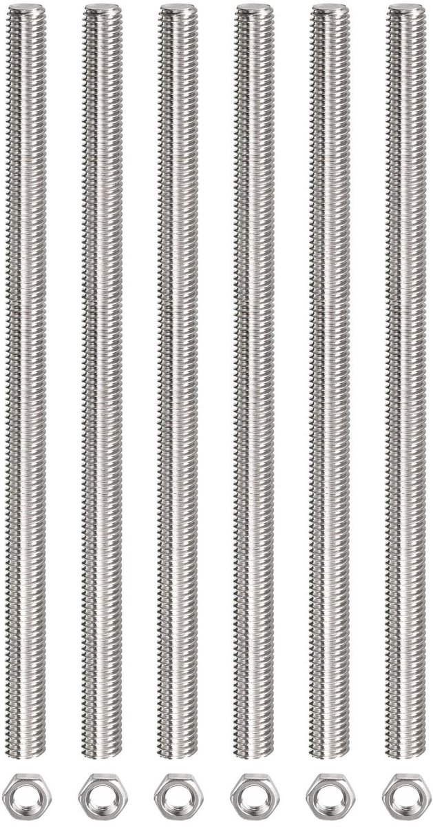 Dailygoods- Schroefdraadstang compleet - Roestvrij Staal - M8 x 300 mm - 6 Zeskantmoeren - Corrosiebestendig - Voor Montagebeveiliging - Draadstang