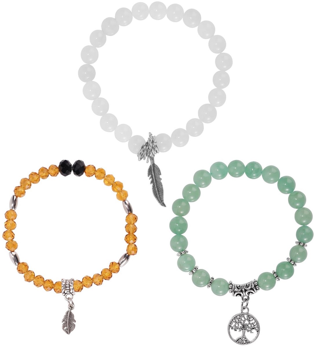 Dailygoods- Kralenarmbanden 3 Stuks - Meerlaags Chakra Steenarmbanden - Spirituele Kralensieraden - Ontspanning - Kleur: Groen/Wit/Bruin - Diameter: 6/7 cm - Armbanden