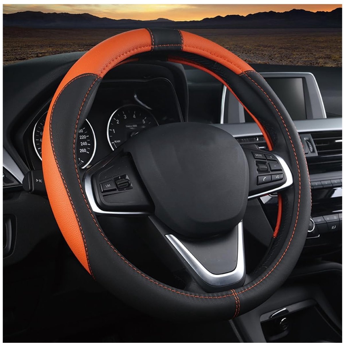 Dailygoods- Stuurhoes 38 cm - Leer - Antislip - Ademend - Universeel - Zwart/oranje - Effectieve bescherming - Stuurcover