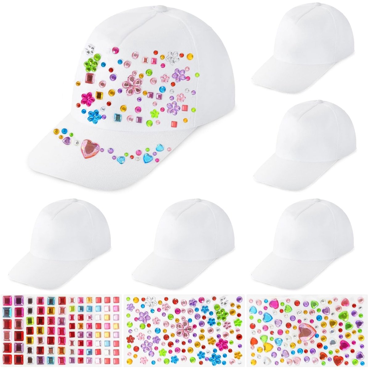 Dailygoods- Kinderpet 6 Stuks - Doe-Het-Zelf Baseballpet - Polyester - Kindermuts 52-55 cm - Inclusief Edelsteenstickers - Creatieve Personalisatie - Honkbalpet