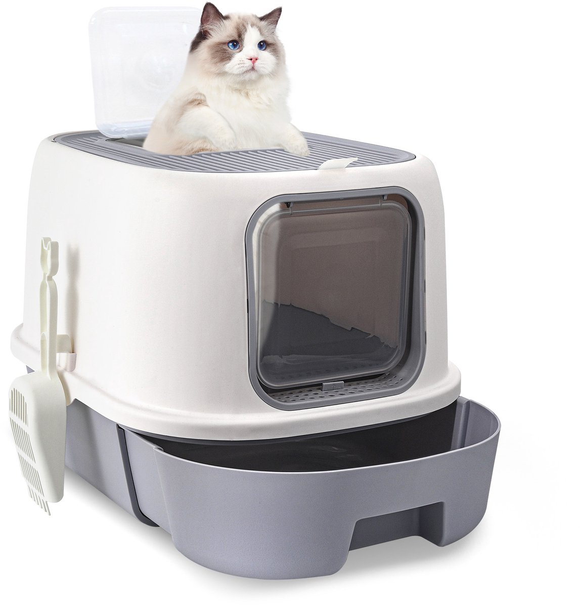 DAITORE - Kattenbak - Kattenbak met lade - Dubbele deur structuur- Kattenbak Schep - Grijs/Wit