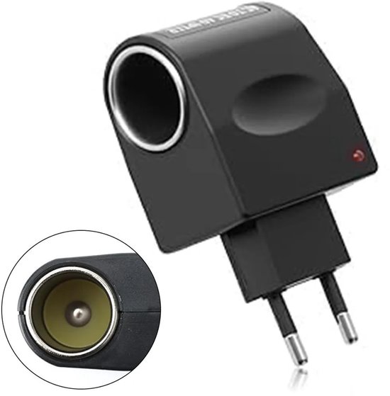 Zwarte 220V naar 12V auto-sigarettenaanstekeradapter met Europese stekker en indicatielampje.