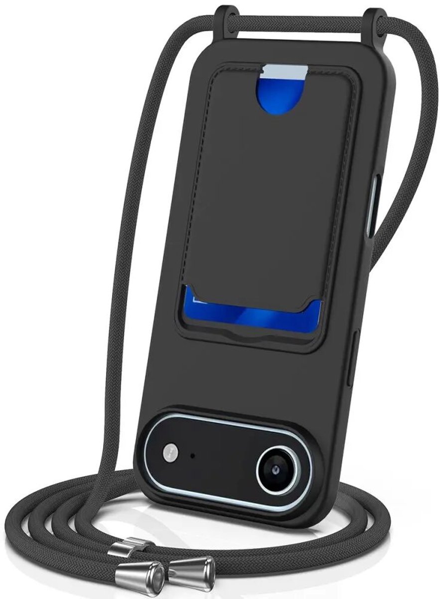 Hoesje met Koord en Pasjeshouder Geschikt voor Apple iPhone Air | Back Cover met Crossbody Koord en Kaarthouder | Ideaal voor Festival/Vakantie | Siliconen | Zwart