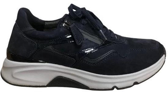 Donkerblauwe Gabor sneaker met rits en veters, witte zool en glimmende details.
