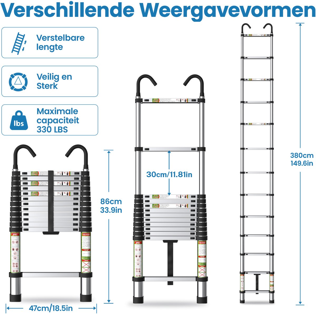 FelixKing aluminium telescopische ladder met stabiele haak, inklapbare ladder van 2,6 tot 5 meter met antislipvoetjes, lichtgewicht draagbare uitschuifladder voor huishoudelijk en buitengebruik, draagvermogen van 136 kg voor thuis, zolder en vliering – foto 6