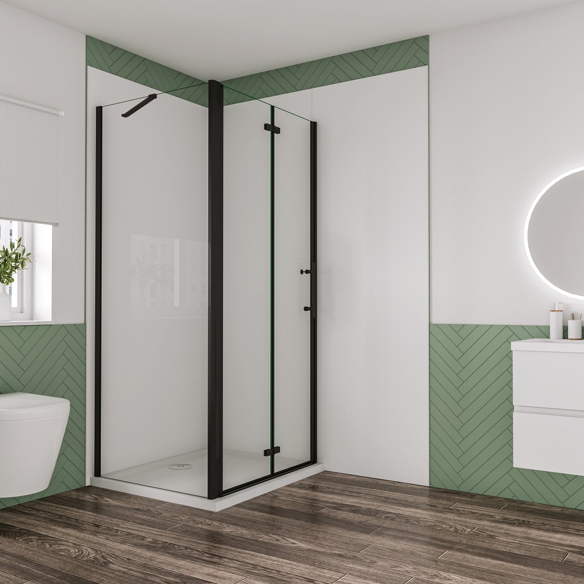 Aica Industriële douchecabine 76x80x195cm met vouwdeur en vaste zijwand 6mm helder EasyClean veiligheidsglas mat zwarte aluminium frame stabilisatiestang 50cm incl. douchebak